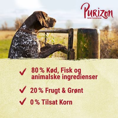 Purizon. 80 % Kød, Fisk og animalske ingredienser, 20 % Frugt & Grønt, 0 % Tilsat Korn