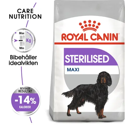 Royal Canin STERILISED MAXI hundfoder, text: Bibehåller idealvikten, bevisade resultat -14 % kalorier, bild på stor svart hund på förpackningen.