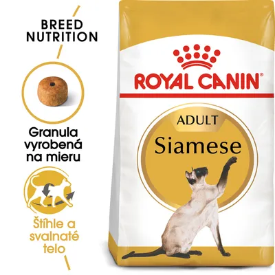 Balenie Royal Canin Adult Siamese s obrázkom siamskej mačky, texty: Granula vyrobená na mieru, Štíhle a svalnaté telo, BREED NUTRITION.
