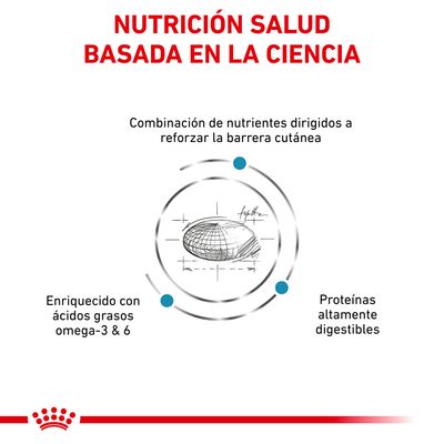Nutrición salud basada en la ciencia. Combinación de nutrientes para reforzar la barrera cutánea, enriquecido con ácidos grasos omega-3 y 6, proteínas altamente digestibles.