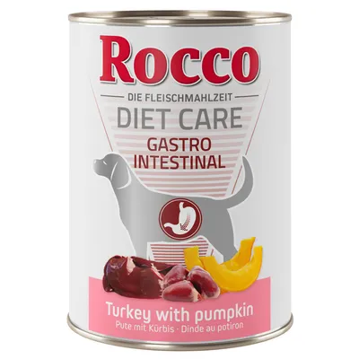 Boîte Rocco Diet Care Gastro Intestinal, Dinde au potiron. Illustration de morceaux de dinde et de potiron, texte en anglais, allemand et français visible sur l’emballage.