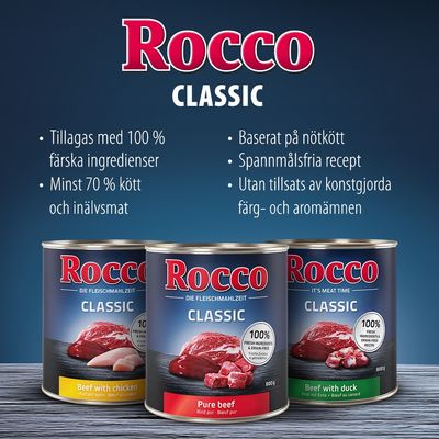 Rocco Classic hundmat. Tillagas med 100 % färska ingredienser, minst 70 % kött och inälvsmat, baserat på nötkött, spannmålsfria recept, utan tillsats av konstgjorda färg- och aromämnen.