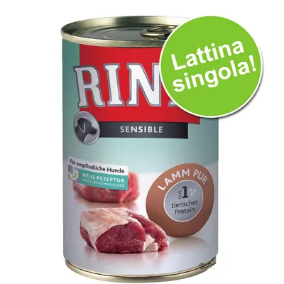 RINTI Sensible Lamm Pur, lattina singola. Testo visibile: 'Für empfindliche Hunde', 'Neue Rezeptur noch bekömmlicher', 'Nr 1 tierisches Protein'. Immagine di carne cruda sull'etichetta.