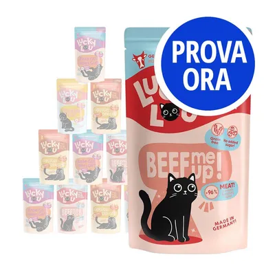 Confezione Lucky Lou BEEF me up! con scritte: Grain free, No added sugar!, >96% meat!, Made in Germany. Bollino blu con testo PROVA ORA.