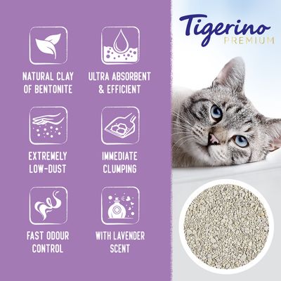 Tigerino Premium kattenbakvulling. Tekst in het Engels: natural clay of bentonite, ultra absorbent & efficient, extremely low-dust, immediate clumping, fast odour control, with lavender scent.