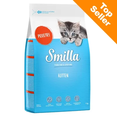 Smilla Kitten Poultry, alimento per gattini, confezione da 1 kg. Testo visibile: Food for a lifetime, High acceptance, Contains taurine, Omega fatty acids, Harmonious growth, Top Seller.