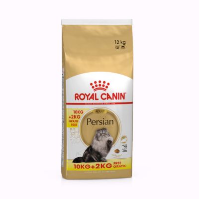 Zak Royal Canin Adult Persian kattenvoer, 12 kg. Tekst: 10 kg + 2 kg gratis. Afbeelding van een Perzische kat op de verpakking.