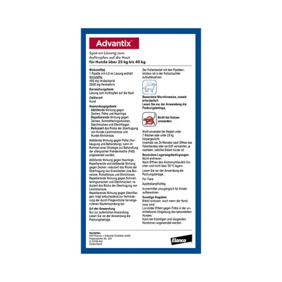 Advantix Spot-on Lösung für Hunde über 25 kg bis 40 kg. Wirkstoffe: Imidacloprid, Permethrin. Nicht bei Katzen anwenden. Lesen Sie vor Anwendung die Packungsbeilage.