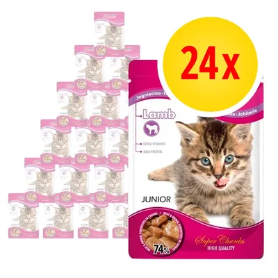 Confezione da 24 bustine di cibo per gattini, marchio Lamb Junior, gusto agnello, 74 %, extra vitamins, high protein, immagine di un gattino sulla confezione.