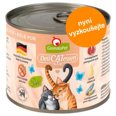 Konzerva GranataPet DeliCATessen, nápis nyní vyzkoušejte, bez obilovin, Made in Germany, Paté, obrázek dvou koček, semena granátového jablka, lososový olej, zelená mušle.