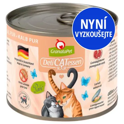 Konzerva GranataPet DeliCATessen, text: NYNÍ VYZKOUŠEJTE, bez obilovin, Paté, vyrobeno v Německu, obrázek dvou koček a symboly surovin na obalu.
