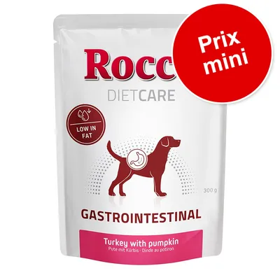 Rocco DietCare Gastrointestinal, 300 g, low in fat, Turkey with pumpkin. Texte visible : Prix mini.