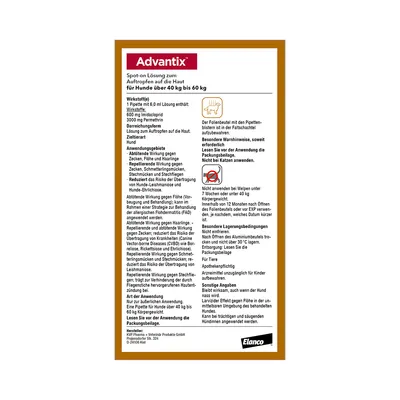 Advantix Spot-on Lösung für Hunde über 40 kg bis 60 kg. Wirkstoffe: Imidacloprid, Permethrin. Anwendungshinweise und Warnungen: Nicht bei Katzen anwenden. Packungsbeilage beachten.