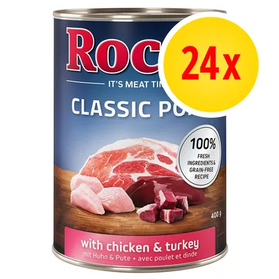 Pack of 24 cans, classic poultry recipe with chicken and turkey, 100% fresh ingredients, grain-free, 400g each.