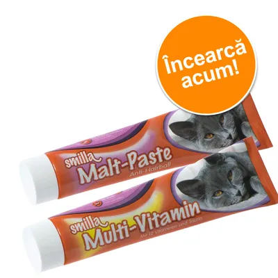 Tuburi Smilla Malt-Paste Anti-Hairball și Smilla Multi-Vitamin cu imagine de pisică pe ambalaj. Bulină portocalie cu text: Încearcă acum!