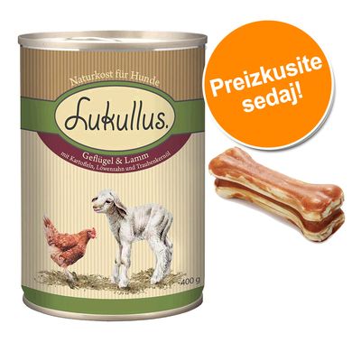 Lukullus poskusni paket 6 x 400g/800g + 12 x 5 cm žveč.kosti Divji zajec & puran 6 x 400 g