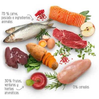 Ingredientes visibles: pescado, salmón, carne roja, hígado, pollo, huevo, manzana, batata, espinaca, hierbas. Texto: 70 % carne, pescado e ingredientes animales; 30 % frutas, verduras y hierbas aromáticas; 0 % cereales.