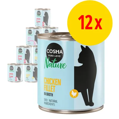 Cosma Pure Love Nature Chicken Fillet in Broth -kissanruoka, 12 x 100 % natural ingredients. Useita makuja näkyvissä taustalla: Chicken Salmon, Chicken Ham.