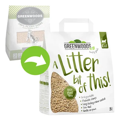Kattenbakvulling Greenwoods, 100% plantvezel. Tekst: A Litter bit of this!, biodegradable, flushable clumps, long-lasting odour control, low dust, gentle on paws, 8 l. Kattenbakvulling Greenwoods, 100% plantvezel. Tekst: A Litter bit of this!, biodegradable, flushable clumps, long-lasting odour control, low dust, gentle on paws, 8 l.