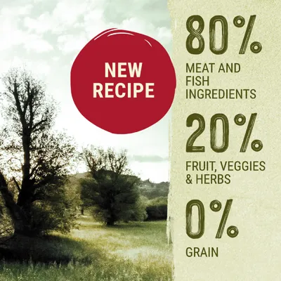 NEW RECIPE. 80 % meat and fish ingredients, 20 % fruit, veggies & herbs, 0 % grain. Teksti englanniksi.