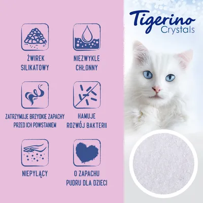 Tigerino Crystals. Żwirek silikatowy, niezwykle chłonny, zatrzymuje brzydkie zapachy, hamuje rozwój bakterii, niepylący, o zapachu pudru dla dzieci.