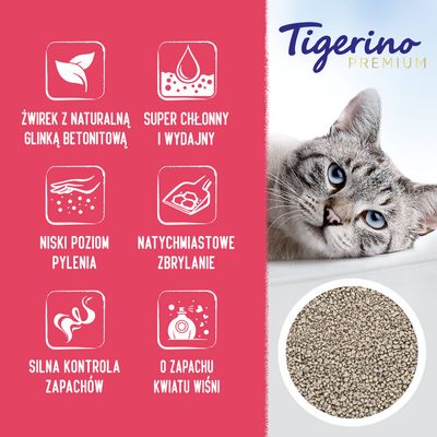 Tigerino Premium. Żwirek z naturalną glinką bentonitową, super chłonny i wydajny, niski poziom pylenia, natychmiastowe zbrylanie, silna kontrola zapachów, o zapachu kwiatu wiśni.
