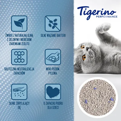 Tigerino Performance. Żwirek z naturalną gliną, zielone i niebieskie ziarna zeolitu, silne wiązanie bakterii, skuteczna neutralizacja zapachów, niski poziom pylenia, silnie zbrylający się, zapach pudru.