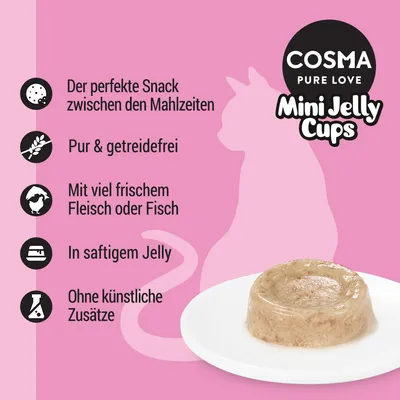 Cosma Mini Jelly Cups: täydellinen välipala, viljaton, paljon tuoretta lihaa tai kalaa, mehukkaassa hyytelössä, ilman keinotekoisia lisäaineita.