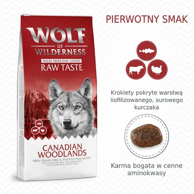 Wolf of Wilderness Canadian Woodlands RAW TASTE. Krokiety pokryte liofilizowanym, surowym kurczakiem. Karma bogata w cenne aminokwasy. Pierwotny smak.