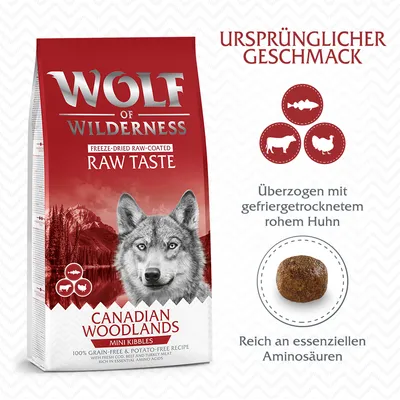Wolf of Wilderness Canadian Woodlands Mini Kibbles, premazane liofiliziranom sirovom piletinom, bogate esencijalnim aminokiselinama. Izvorni okus.
