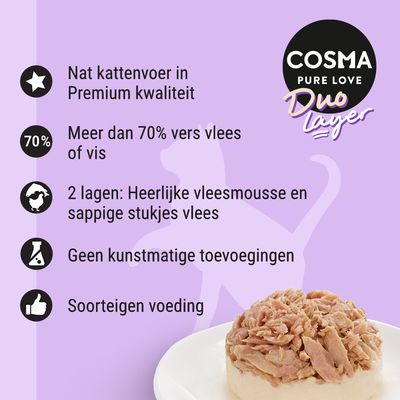 COSMA Pure Love Duo Layer nat kattenvoer: premium kwaliteit, meer dan 70% vers vlees of vis, 2 lagen met vleesmousse en stukjes vlees, geen kunstmatige toevoegingen, soorteigene voeding.