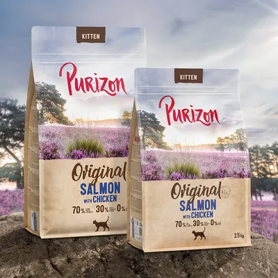 Purizon Kitten Original Lazac Csirkével, 70% állati összetevők, 30% zöldség, 0% gabona. Két csomagméret: 2,5 kg és kisebb csomag látható.