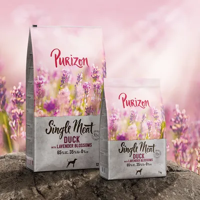 Purizon Single Meat Duck z kwiatami lawendy. 65% mięsa, 35% warzyw, 0% zbóż. Opakowania w dwóch rozmiarach: 12kg i 1kg. Purizon Single Meat Duck z kwiatami lawendy. 65% mięsa, 35% warzyw, 0% zbóż. Opakowania w dwóch rozmiarach: 12kg i 1kg.