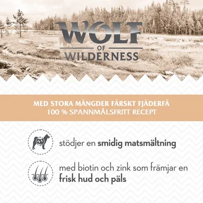 Wolf of Wilderness. Med stora mängder färskt fjäderfä, 100 % spannmålsfritt recept. Stödjer smidig matsmältning och frisk hud och päls med biotin och zink.