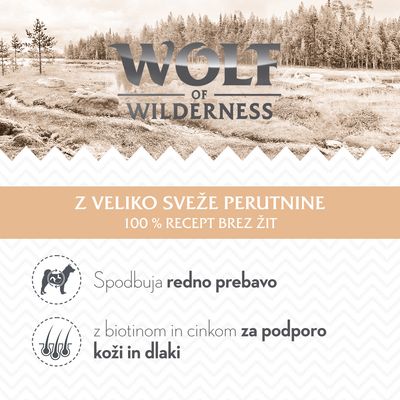 Wolf of Wilderness. Z veliko sveže perutnine, 100 % recept brez žit. Spodbuja redno prebavo, z biotinom in cinkom za podporo koži in dlaki.