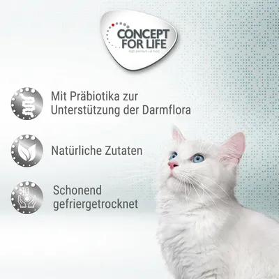Concept for Life. Prebiootteja suoliston mikrobiston tukemiseen, luonnolliset ainesosat, hellävaraisesti pakastekuivattu.