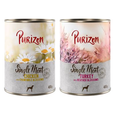 Sparpaket Purizon Single Meat 12 x 400 g Mix: 6x Huhn mit Kamillenblüten, 6x Pute mit Heidekrautblüten