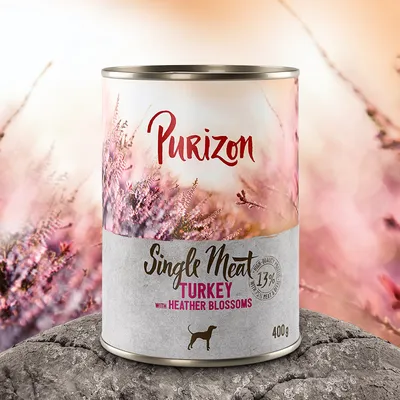 Purizon Single Meat Turkey med ljungblommor, 13 % protein, 400 g burk. Hundfoder med hög andel kött av hög kvalitet.