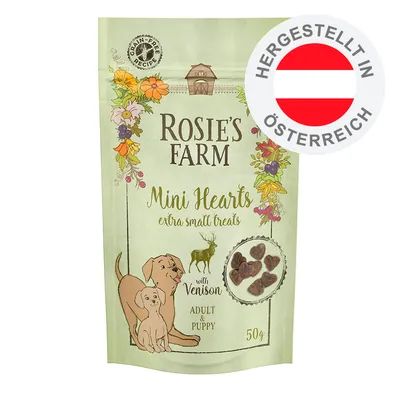 Rosie's Farm Mini Hearts extra small treats with Venison, Adult & Puppy, 50g. Grain-free recipe. Hergestellt in Österreich.
