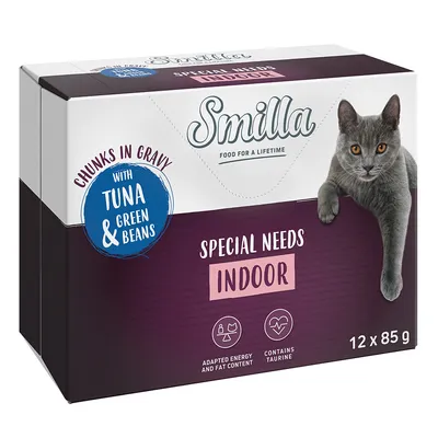 Smilla Special Needs Indoor Katzenfutter, Chunks in Gravy mit Thunfisch und grünen Bohnen, angepasstes Energie- und Fettgehalt, enthält Taurin, Packung mit 12 x 85 g.