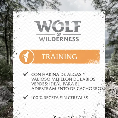 Wolf of Wilderness Training. Con harina de algas y mejillón de labios verdes: ideal para el adiestramiento de cachorros. 100 % receta sin cereales.