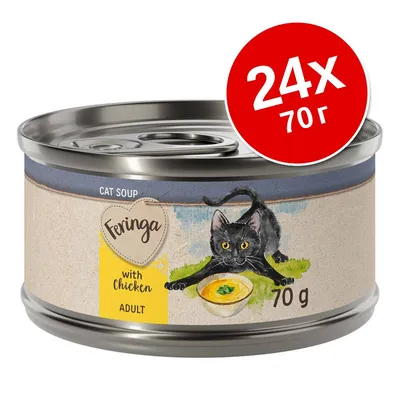 Feringa Cat Soup with Chicken, Adult, 24×70 г. Консерва с изображение на черна котка и купичка супа, надпис 'with Chicken', тегло 70 г.