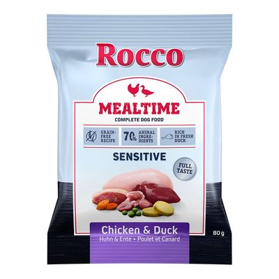 Упаковка корма для собак Rocco Mealtime Sensitive Chicken & Duck, 70 % animal ingredients, grain-free recipe, rich in fresh duck, 80 г