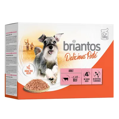 Briantos Delicious Paté dla dorosłych psów, z wołowiną, bez zbóż, bez dodatku cukru, bez sztucznych aromatów. Opakowanie zawiera 12 x 100g.