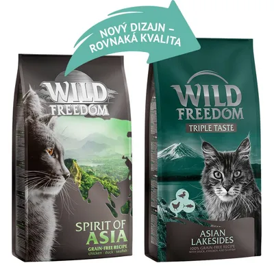 Dve balenia Wild Freedom: Spirit of Asia, grain-free recipe chicken, duck, sealfish a Triple Taste Asian Lakesides, 100% grain-free recipe with duck, chicken and sealfish. Nápis: Nový dizajn – rovnaká kvalita. Dve balenia Wild Freedom: Spirit of Asia, grain-free recipe chicken, duck, sealfish a Triple Taste Asian Lakesides, 100% grain-free recipe with duck, chicken and sealfish. Nápis: Nový dizajn – rovnaká kvalita.