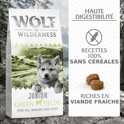 Wolf of Wilderness Junior Green Fields, haute digestibilité, recettes 100 % sans céréales, riches en viande fraîche. Croquettes visibles à droite du paquet.