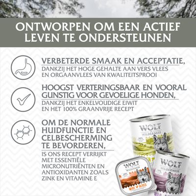 Wolf of Wilderness natvoer: verbeterde smaak, hoge verteerbaarheid voor gevoelige honden, verrijkt met micronutriënten en antioxidanten. 100% graanvrij, enkelvoudig eiwit.