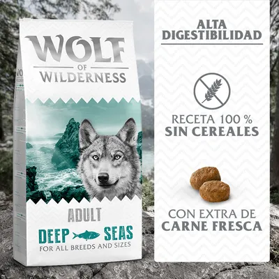 Wolf of Wilderness Adult Deep Seas, alta digestibilidad, receta 100 % sin cereales, con extra de carne fresca. Pienso para perros de todas las razas y tamaños.