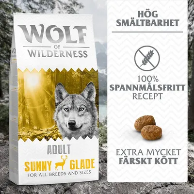 Wolf of Wilderness Adult Sunny Glade torrfoder. Hög smältbarhet, 100 % spannmålsfritt recept, extra mycket färskt kött. För alla raser och storlekar.