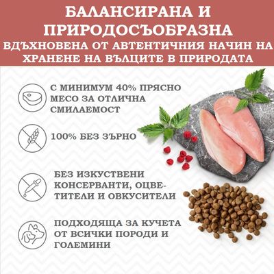 Балансирана и природосъобразна храна: минимум 40% прясно месо, 100% без зърно, без изкуствени консерванти, подходяща за кучета от всички породи и големини. Видим текст на български.